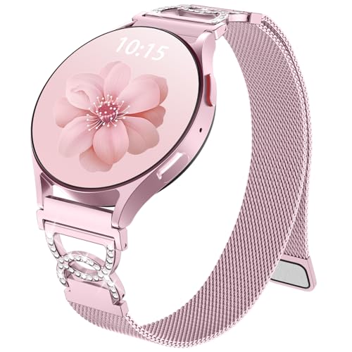 Adorve Slim Metal Strap Compatible with Galaxy Watch 7 Band, Galaxy Watch 6 Band, 5/4/FE/Pro/Classic/Active 2, 20mm Replacement Strap for Samsung Watch Bands for Women, Rhinestone RosePink