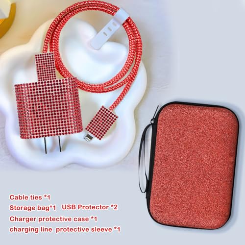 Étui de luxe rouge pailleté pour chargeur iPhone et câble