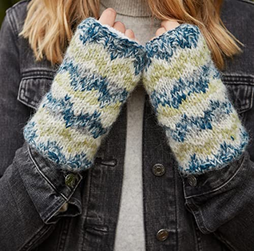Pachamama Women Wool/Mohair Hand Warmers Sherpa Fleece Lined HandknittedSoft Stripe One-Size Handmade ExtraWarm Fair Trade (Spruce) - Image 4