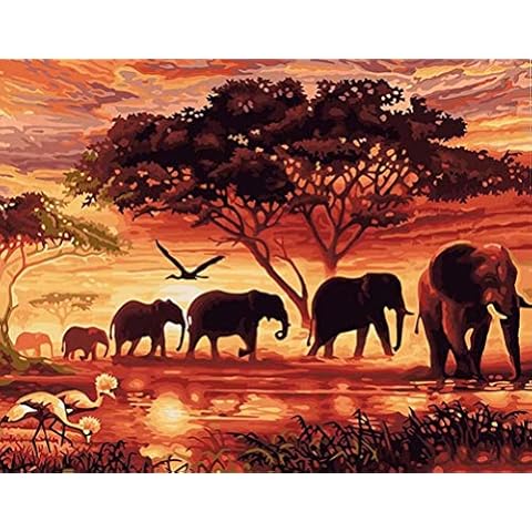 DIY Paint by Numbers Kits, Amiiba African Savanna Elephant, Tree of Life, Sunset Landscape 16x20 inch Acrylic Painting by Number Wall Art Crafts (Elephant, Without Frame) Cover