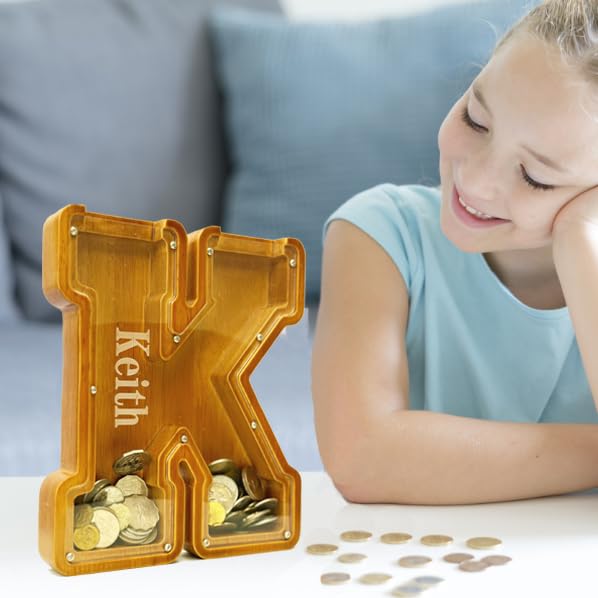 Miniatura 5 de Alcancía personalizada del alfabeto de madera, alcancía para niños y niñas, alcancía para monedas, se puede utilizar como regalo de Navidad y