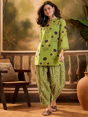Image of EthnicJunction Women's Linen Floral Print Summer Wear Straight Short Kurti With farshi Salwar Set | Kurta Pant Set | Office wear Kurta Set | farsi salwar suit | raksha bandhan gift dress for women