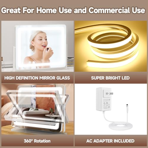 Large PRIMETEK Vanity Mirror with Hollywood LED Lights, Touch Sensor, and 3-Color Lighting, White - for Makeup Enthusiasts