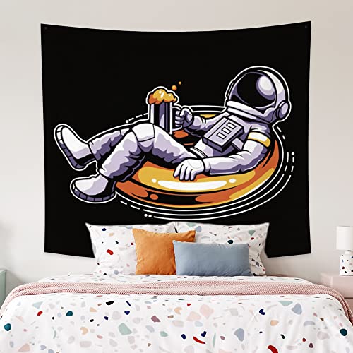 YongFoto 150x130cm Astronaut Wandtapijt, Cool Spaceman Wandtapijten Hand schilderij kosmonaut tekening gele reddingsboei… - Image 5