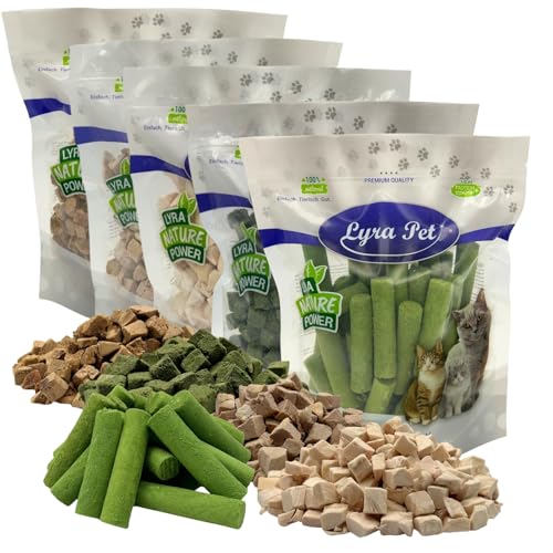 Lyra Pet® 1 kg (5 x 200 g) Katzensnack Mix gefriergetrocknet | 5 Sorten mit Huhn, Ente & Katzengras | Ideal auch für Kitten & Senioren | Getreidefrei & proteinreich | Belohnung für Katzen