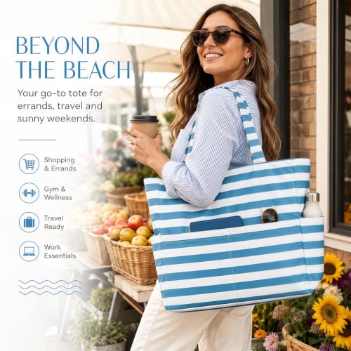 Image of LEDAOU Large Beach Bag Women Waterproof Sandproof Zipper Beach Tote Pool Bag for Swim Gym Grocery Travel with Wet Pocket