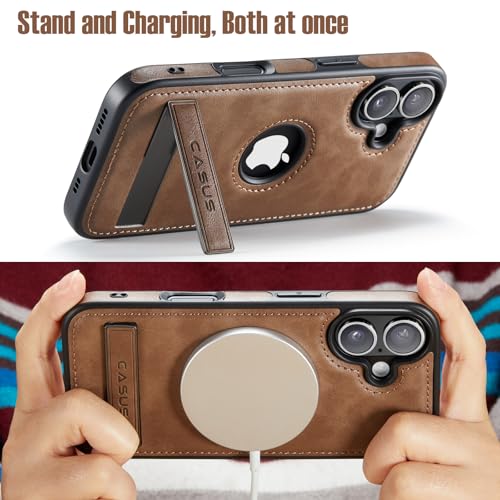 Image of Casus for iPhone 17 Case with MagSafe, Slim Kickstand Vegan Leather Protective Cover with Tempered Glass Screen Protector, 6.3 Inch (2025), Gray