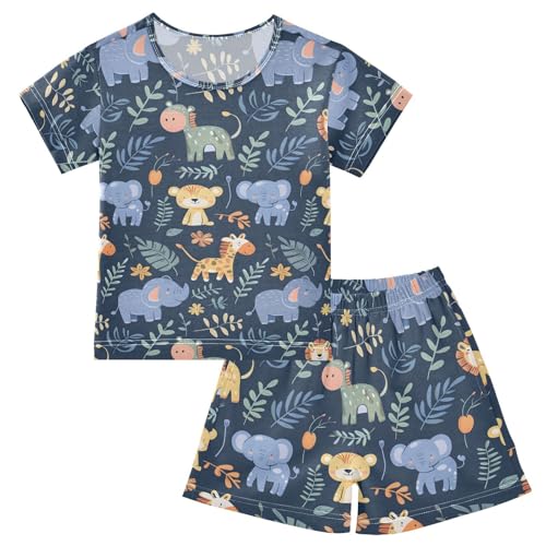 ALAZA Blue Elephant Horse Lion Bear Pajamas Short Sleeve 2 Piece Sleepwear Top and Bottom Pajama Set Unisex