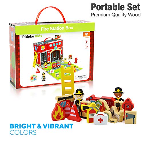 Pidoko Kids Fire Station Playset - 19 Pcs - Magnetic Portable Box - Easy Storage - Perfect Travel Toys Gift Set for Boys and Girls - 3 Year Old and Up - Wooden Accessories