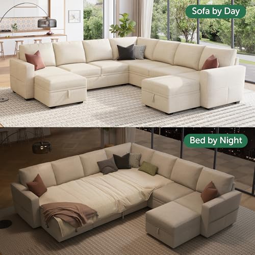 Image of HONBAY Modular Sectional Sleeper Sofa with Pull Out Couch, Oversized U Shaped Sleeper Pull Out Bed with Storage Sectional Couches for Living Room - Beige