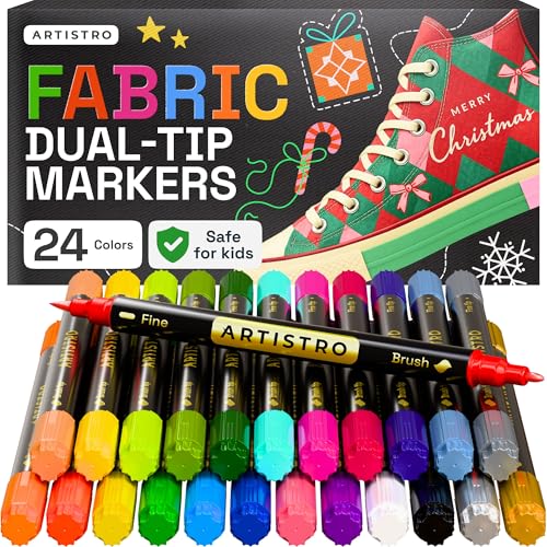 ARTISTRO 24 Dual-Tip Fabric Markers - Fabric Decorating Kit - Permanent for Clothes - Acrylic Paint Pens for Sneakers, Bags, Shoes, Textile, Canvas, Sewing, Craft, DIY - Brush and Fine Tip