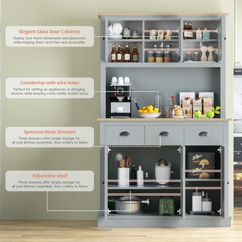 Image of MU 71 inch Kitchen Pantry Cabinet with Charging Station, Tall Pantry Hutch with Drawers, Countertop & Microwave Shelf, Food Storage Cabinet for Dining Room & Coffee Bar, Grey
