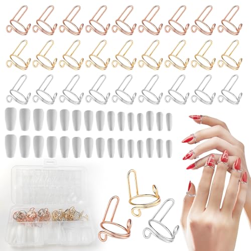 30 Pcs Wudu Nail Rings Adjustable Nail Rings with Adhesive Nail Tabs Clear Nail Tips Removable Reusable Fingernail Rings Set for Women Nail Art Decoration (Golden, Silver, Rose)