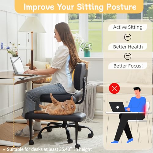 Image of Criss Cross Legged Office Chair with Wheels,Swivel Meditation Chair for ADHD,Ergonomic Cross Legged Desk Chair with Thicken Adjustable Footstool,PU Sitting Fidgeting Kneeling Chair for Home Yoga Black