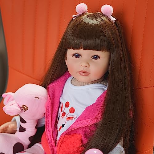 Mnmj Reborn Baby Dolls Toddler Realistic Girl 24 Inch Lovely Black Long Hair Baby Girls Weighted Doll With Pink Soft Plush Toy Accessories, 12-Piece Gift Set For Children 3+ #TOP7