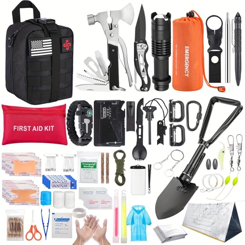 Kit de supervivencia, equipo de supervivencia de 252 piezas, kit de primeros auxilios con sistema Molle compatible con bolsa y tienda de campaña de emergencia, kit de emergencia para terremoto,