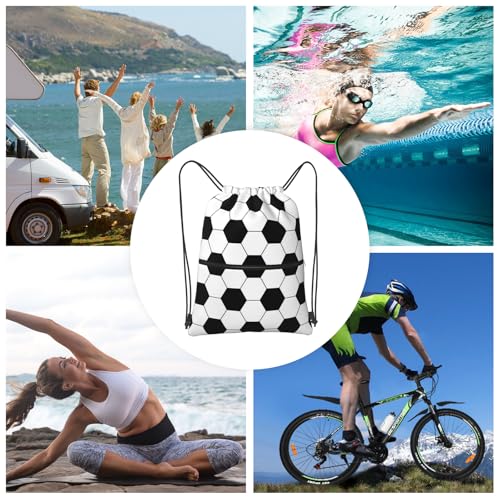 Image of Outdoor Sports Soccer Drawstring Bag, Waterproof Drawstring Backpack for Gym Sports Teams Soccer Party, Men Women Black White Durable Cinch Bag with Front Zipper Pocket and Inside Zipper Pocket