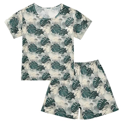 ALAZA Vintage Green White Leaves Pajama Set Short Sleeve Sleepwear Soft Lounge Nightwear