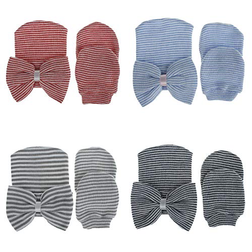 SUNNOOP Newborn Hospital Hats Infant Baby Cap Hat Mittens Set Cotton Nursery Beanie Hat with Bow Knot No Scratch Gloves 4 Sets
