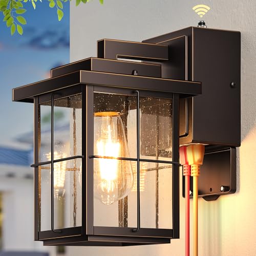 Image of Gleamz Outdoor Wall Light with GFCI Outlet, Modern Dusk to Dawn Light with Outlet, ORB Gold Trim Outdoor Wall Lantern for Porch, Waterproof Exterior Lights Wall Mount, Coach Light Fixtures for Garage