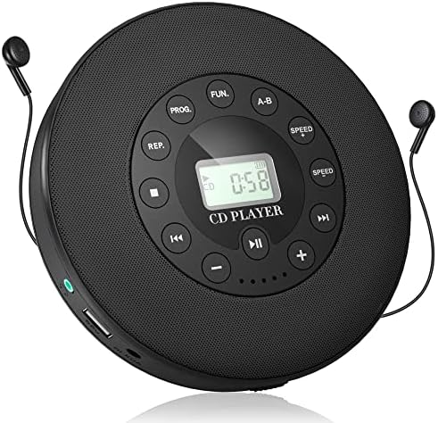 WOKALON CD Player Portable with Stereo Speakers, for Family,Rechargeable CD Player Portable with 2000mAh Battery, Anti-Skip Walkman CD Player for Car with Headphones and AUX Cable (Black)