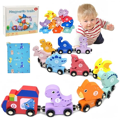 Toddler Boy Toys Age 1-3, Dinosaur Toy Wooden Magnetic Train Set with Playmat/Storage Bag for Baby Boy Birthday, Montessori Educational Toys for 1 2 3 Years Old Boys & Girls