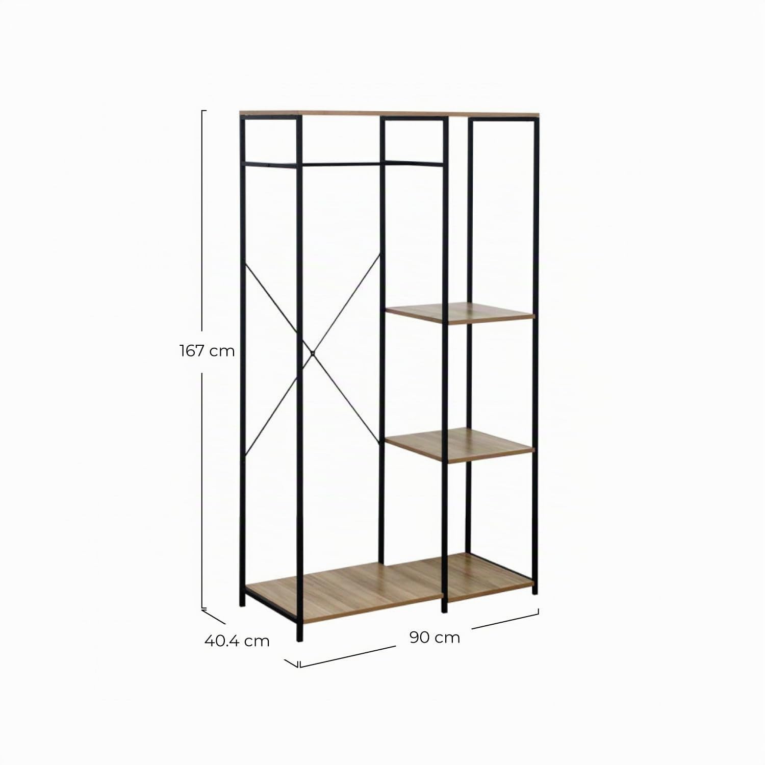 Perchero de Pie Metálico con 3 Baldas de Madera Modelo OILU de 7House | Perchero Industrial ideal para Entrada, Recibidor, Pasillo, Tienda de Ropa, Vestidor o Dormitorio | Dimensiones 167x90x40,4cm