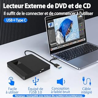 BNEHHOV Lecteur CD DVD Externe avec USB 3.0 Type-C Graveur DVD Externe CD DVD +/-RW Lecteur Portable pour Ordinateur Portable Bureau PC et Mac OS pour MacBook pour Windows 11/10/8/7/XP Linux OS