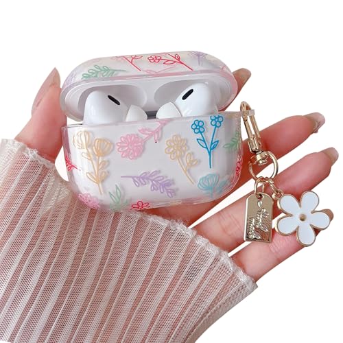 Image of MINSCOSE Compatible with AirPods Pro2 Clear Case,Cute Flower Floral Aesthetic Design with Flowers Keychain, Soft TPU Protective Shockproof Case for Women Girl for Airpods Pro2-Color