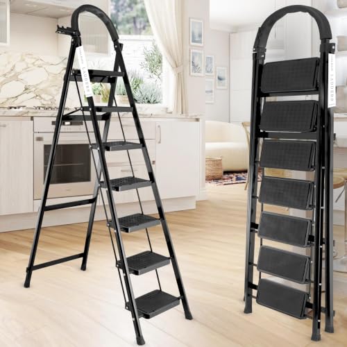 Image of Black 7 Step Ladder for Home Use with Built-in Tool Tray | Heavy Duty D Shape Rods | Ultra Large Platform | Wide Rubber Feet | 150Kg Capacity Foldable Ladder - 7 Years Warranty
