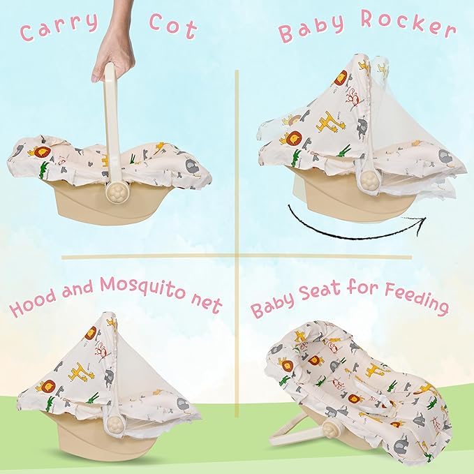 BabyGo 5 in 1 DLX Baby Carry Cot & Rocking Chair with Adjustable Handle | Large Canopy | Safety Lap Belt | Anti-Mosquito Net | Double Cushioned, Comfortable and Washable Seat - Plastic (Beige) - Image 4 thumbnail