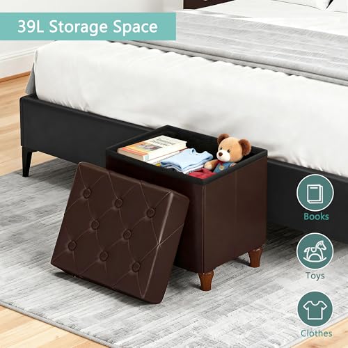 Image of CAROLMADE Folding Storage Ottoman Cube PU Leather Footstool with Wood Legs Ottoman Footrest for Living Room and Bedroom Brown, 15x12.6 x 15.4 inch