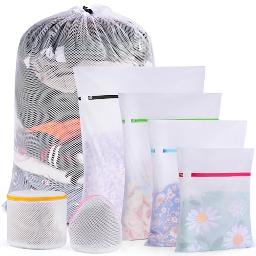Mesh Laundry Bags for Delicates with Zipper, Lingerie Bags for Washing Delicates (White, 7 Sizes Set)