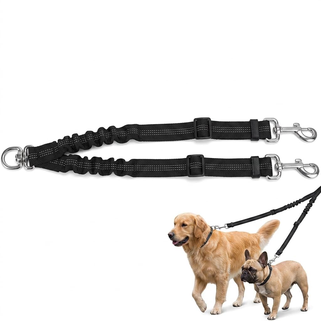 Double Ended Lead for Dogs, Double Dog Leads to Walking 2 Dogs No Tangle, 360° Tangle-Free Design, Splitter Pet Leash, Safety Handle, Reflective, Adjustable Shock Absorbing, Clip Harness and Collar