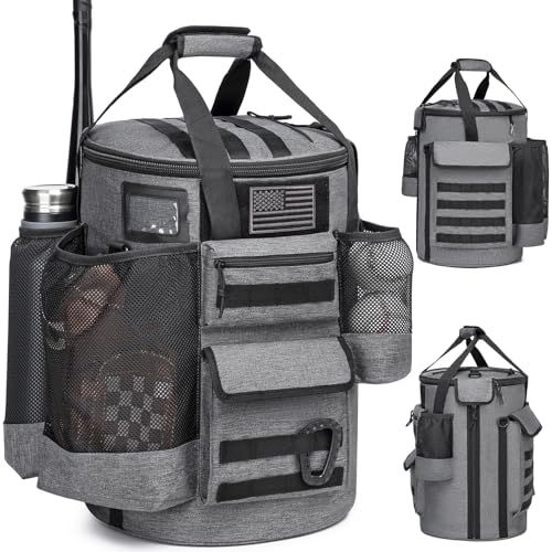 SunForMorning Baseball Bucket Bag Baseball Coaching Accessories Organizer Tactical Style Softball Bucket Bag with Anti-Slip Bottom Multiple Pockets for Bat Gloves Scoreboards Black+Grey