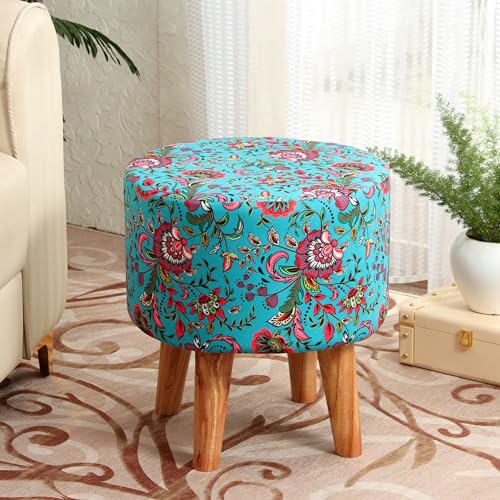 Image of NACIA Velvet Printed Ottoman Chair with Stool Combo | Dressing Table Chair for Bedroom Makeup Room Decor | Modern Upholstered Ottoman with Wooden Legs for Living Room (18x18x32 Inches, Blue Leaf)