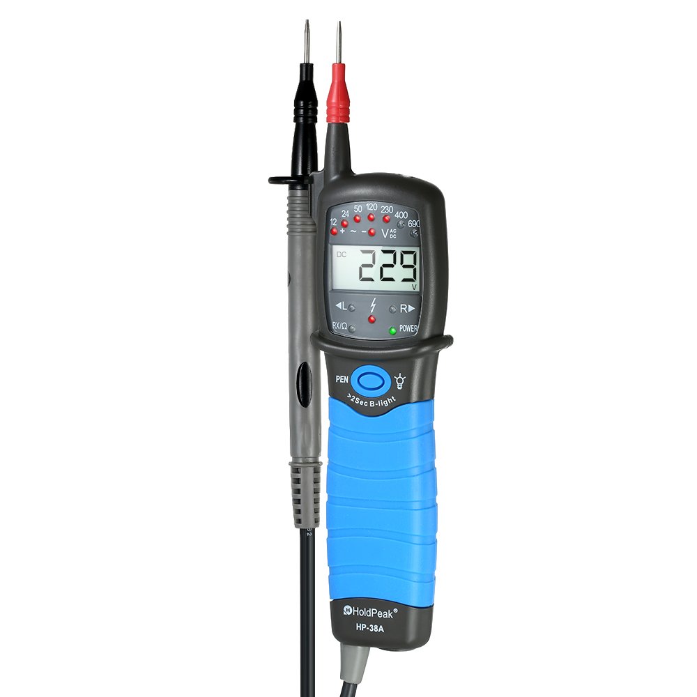 HoldPeak Contact Auto Range LCD Tester napięcia AC DC Detektor do pomiaru 12–690 V z ciągłością RCD Test rotacji fazy Wykrywanie polaryzacji i podświetlany wyświetlacz Zawiera