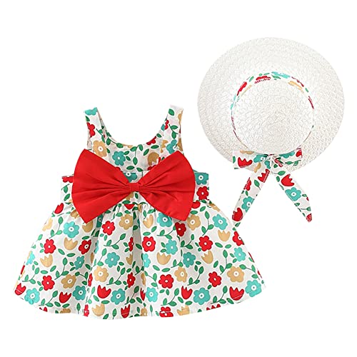 Image of IDOPIP Baby Girl Tutu Dress Summer Sleeveless Backless Princess Birthday Party Dresses Flower Bow Sundress with Straw Hat Set
