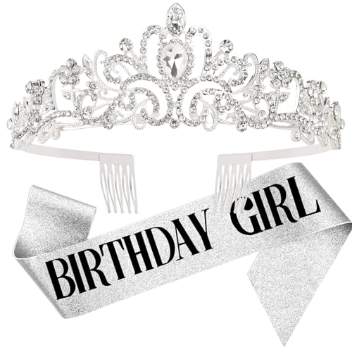 DRESHOW Corona y Fajín de Cumpleaños para Mujer Fajín de Cumpleaños para Niña y Tiara de Strass Set Decoraciones de Cumpleaños Accesorios para el Pelo Fajín de Purpurina para Fiesta