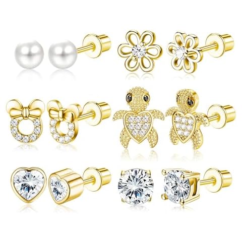 CASSIECA 20G Hypoallergenic Screwback Earrings for Teens Women Stainless Steel CZ Heart Flower Turtle Stud Earrings Jewelry Gift Cover