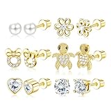 CASSIECA 20G Hypoallergenic Screwback Earrings for Teens Women Stainless Steel CZ Heart Flower Turtle Stud Earrings Jewelry Gift