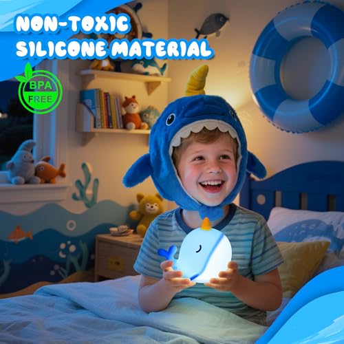 Image of Ammonite Blue Narwhal Night Light, Soft Silicone Whale Nursery Lamp with 3 Dimming Levels and 30-Minute Timer, Touch Control Nightlight for Bedroom Decor, Christmas Birthday Gift