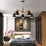 Modern 5-Light Chandelier, Black Metal Shades with Wooden Arms, Industrial Ceiling Light Fixture for Bedroom