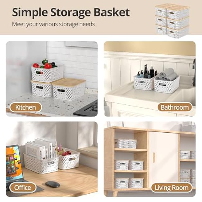 Plastic Storage Bins with Bamboo Lids, Stackable Small Box Baskets for Organizing and Containers for Shelves Drawers Desktop Closet Pantry Classroom Office Home, 6 Pack 10.2x7.2x4.1 Inch, White