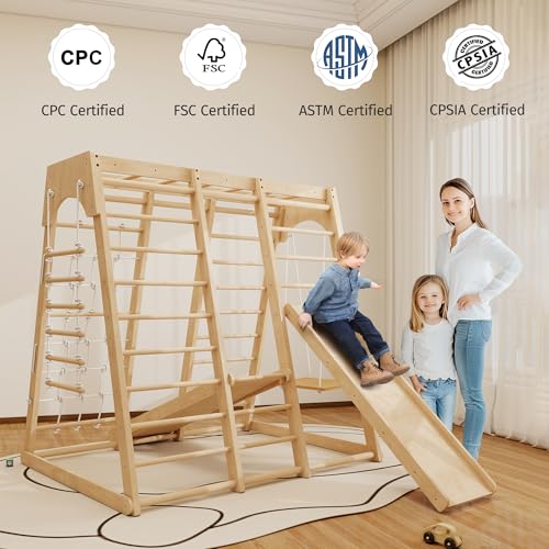 Image of Indoor Jungle Gym for Toddlers, 8-in-1 Wooden Montessori Climbing Toys with Slide, Swing, Rock Wall, Rope Ladder, Monkey Bars - Indoor Playground for Kids Ages 1-8