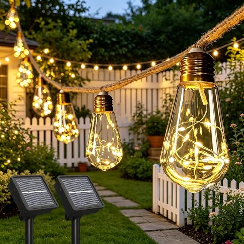 Soiarllt 2 Stück Solar Lichterkette Aussen mit 10 Glühbirnen 11.2M Solarlichterketten mit Hanfseil Solar Lichterkette Außen Wetterfest mit 8 Modi Deko für Garten Party Balkon Hochzeit (3000 Kelvin)