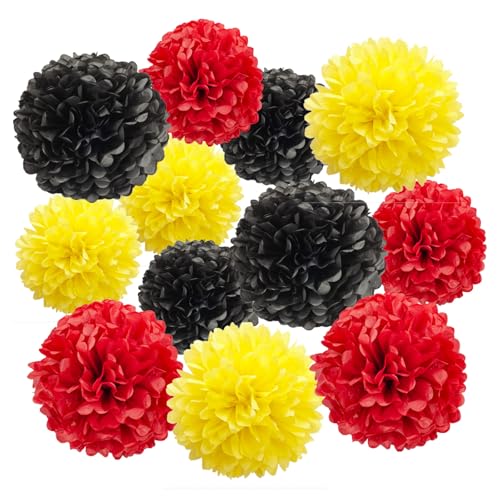 Image of Aimto 12pcs Red Yellow and Black Paper Pom Poms Decorations for Party Ceiling Wall Hanging Tissue Flowers Decorations - 3 Colors of 12 Inch, 10 Inch.