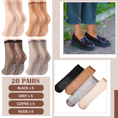 20 Pairs Women's Sheer Ankle Nylon Socks with Gripper Anti Skid Transparent Non Slip Pantyhose Socks Invisible Silk Ankle Anklets for Women4