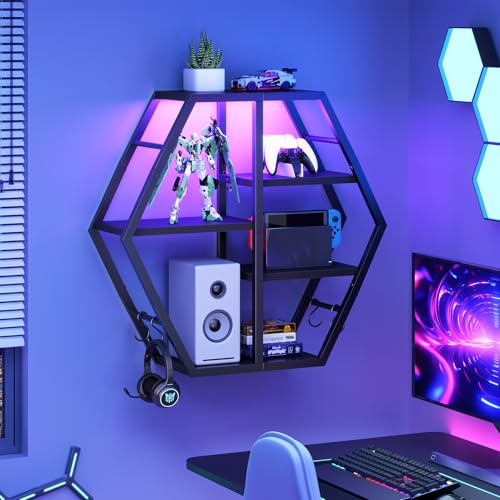 HOOBRO Gaming Floating Shelves with LED Lights, Gaming Wall Mounted Shelf, Hexagonal Display Rack for Wall Storage, Floating Rack with 4 S-Hooks, for Gaming Room, Black BB76DBJ01