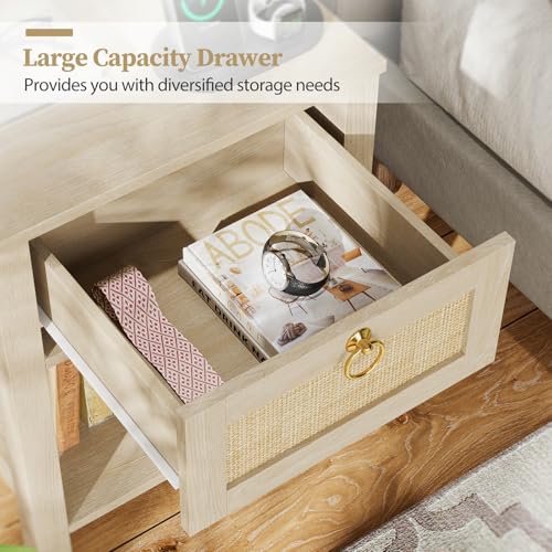 Image of Eclatara Rattan Nightstand Set of 2: Sturdy Night Stand with Rattan Decor Drawer, Farmhouse Nightstand Bedside Table Boho End Tables Side Tables for Bedroom (Natural Light Oak,2 Pieces)